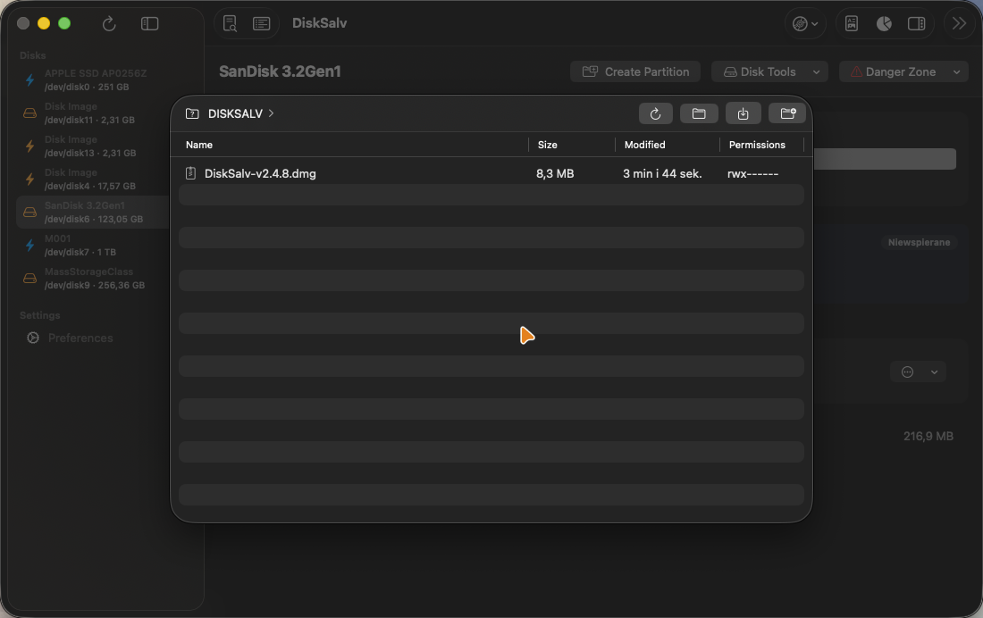 Built-in file browser listing files on a volume